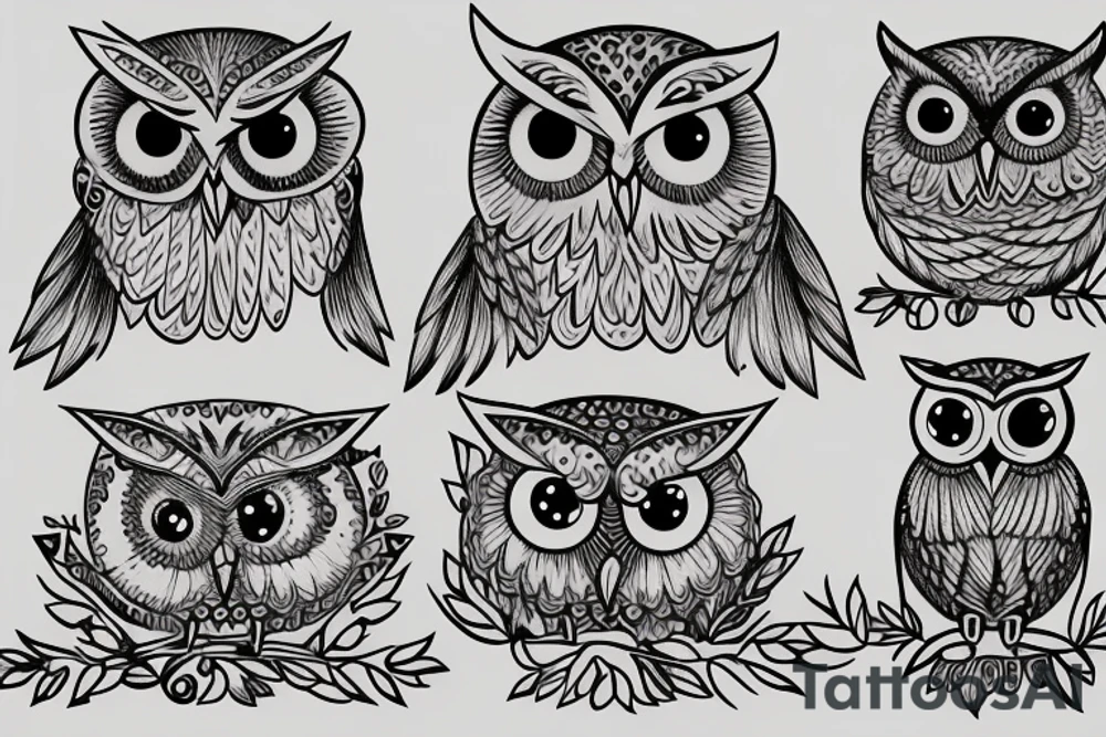two simple drawn owls on a tree one with blue eyes one with brown eyes tattoo idea