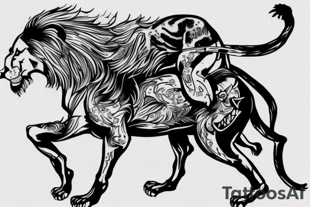 humanlike male lion riding a small horse like a cowboy tattoo idea