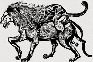 humanlike male lion riding a small horse like a cowboy tattoo idea