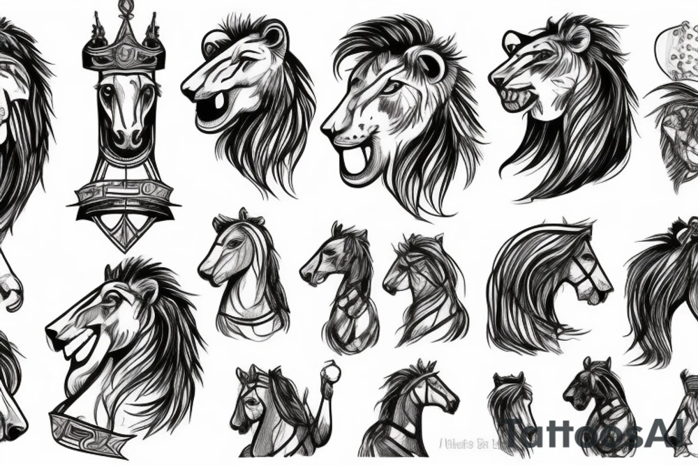 knight with a lion head riding a small horse like a cowboy tattoo idea
