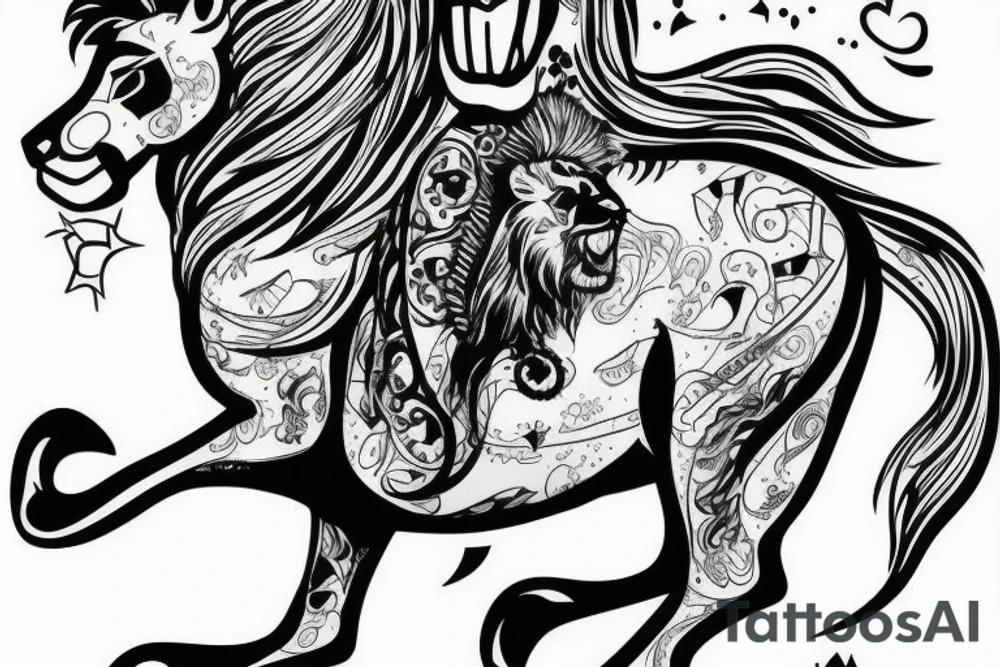 knight with a lion head riding a small horse like a cowboy tattoo idea