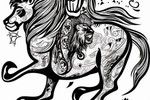 knight with a lion head riding a small horse like a cowboy tattoo idea