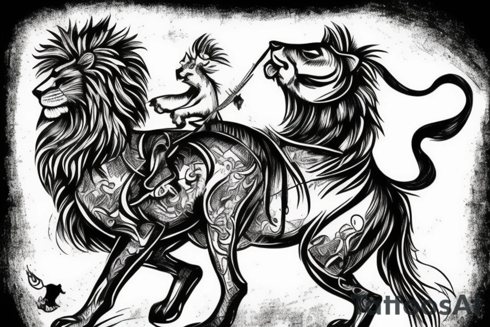 knight with a lion head riding upright on a small horse like a cowboy tattoo idea