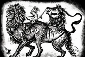 knight with a lion head riding upright on a small horse like a cowboy tattoo idea