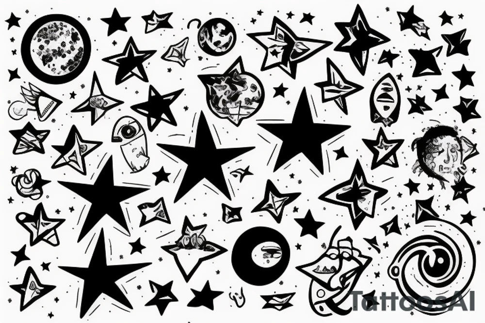 spaceship oand stars tattoo idea