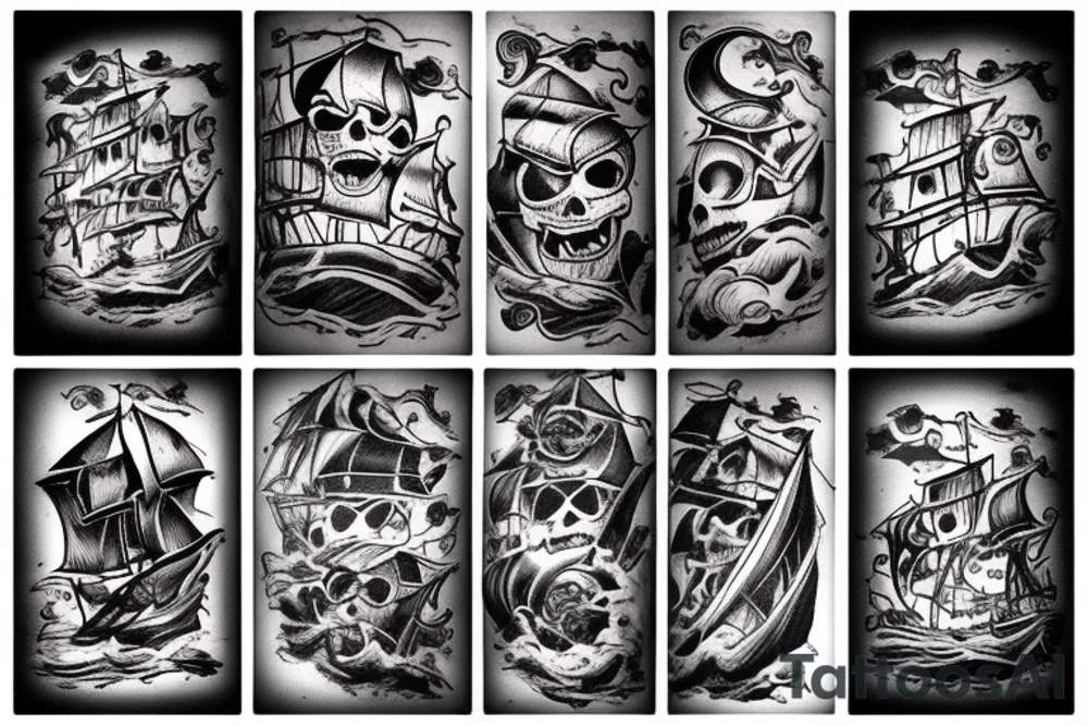 Pirate ship, dark, evil, falling apart, rough seas, battle, damage tattoo idea