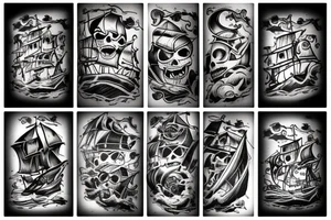 Pirate ship, dark, evil, falling apart, rough seas, battle, damage tattoo idea
