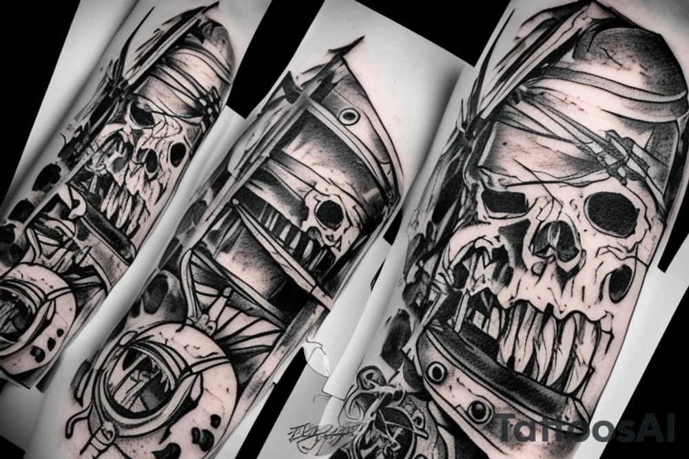 Pirate ship, dark, evil, falling apart, rough seas, battle, damage tattoo idea