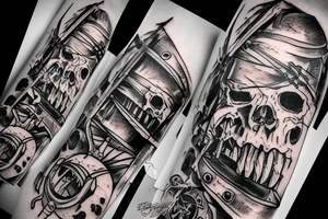 Pirate ship, dark, evil, falling apart, rough seas, battle, damage tattoo idea