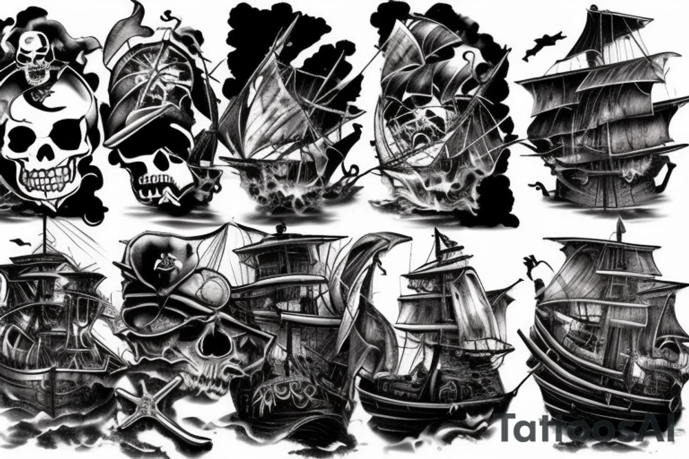 Pirate ship, dark, evil, falling apart, rough seas, battle, damage, detailed tattoo idea