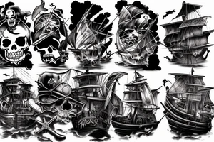 Pirate ship, dark, evil, falling apart, rough seas, battle, damage, detailed tattoo idea