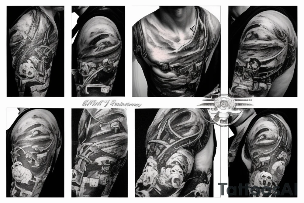 Pirate ship, dark, evil, falling apart, rough seas, battle, damage, detailed tattoo idea