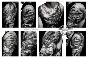 Pirate ship, dark, evil, falling apart, rough seas, battle, damage, detailed tattoo idea