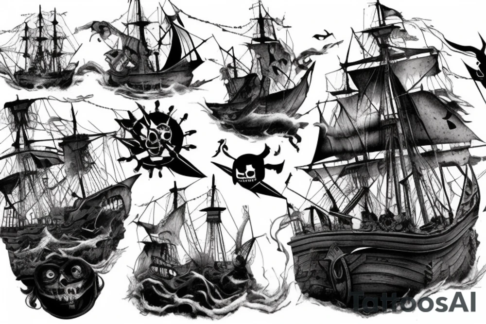 Pirate ship, dark, evil, falling apart, rough seas, battle, damage, detailed tattoo idea