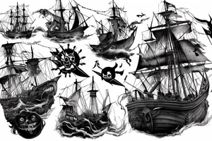 Pirate ship, dark, evil, falling apart, rough seas, battle, damage, detailed tattoo idea