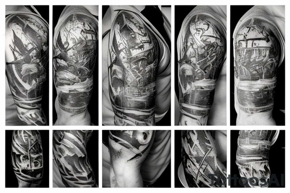 Pirate ship, dark, evil, falling apart, rough seas, battle, damage, detailed tattoo idea