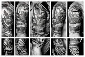Pirate ship, dark, evil, falling apart, rough seas, battle, damage, detailed tattoo idea