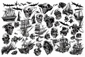 Pirate ship, dark, evil, falling apart, rough seas, battle, damage, detailed, skeletons, skeleton crew, storm, waves, crashing tattoo idea