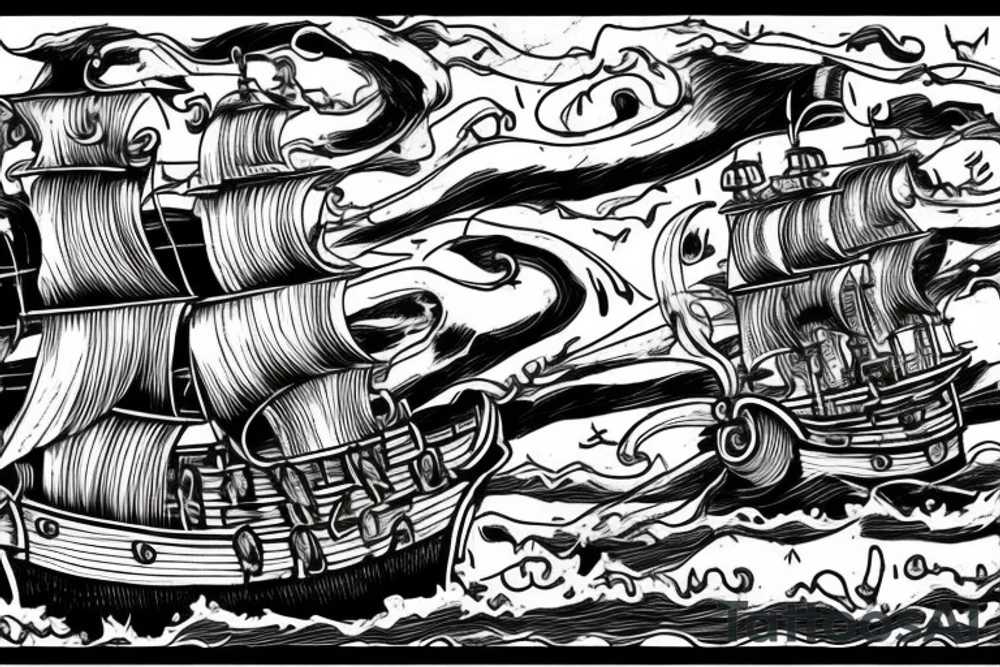 Pirate ship, dark, evil, falling apart, rough seas, battle, damage, detailed, skeletons, skeleton crew, storm, waves, crashing tattoo idea