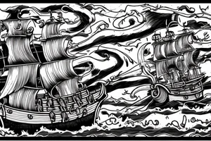 Pirate ship, dark, evil, falling apart, rough seas, battle, damage, detailed, skeletons, skeleton crew, storm, waves, crashing tattoo idea