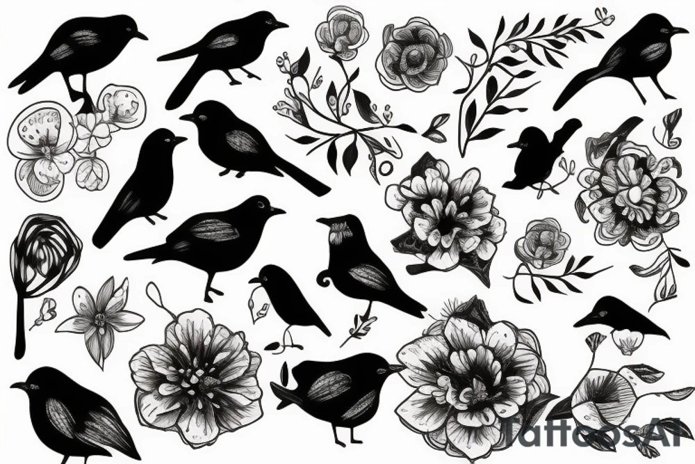Black bird with flower tattoo idea