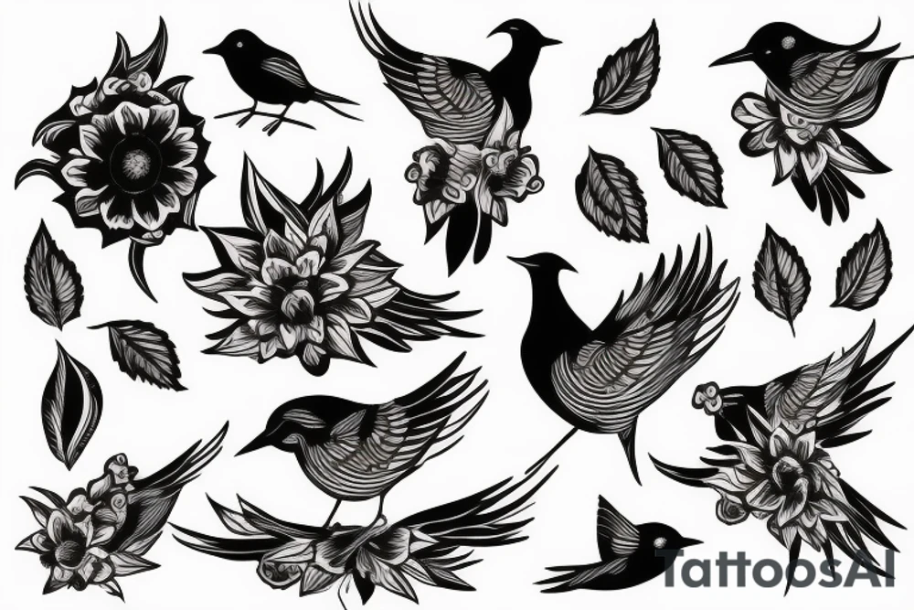 Black bird with flower tattoo idea