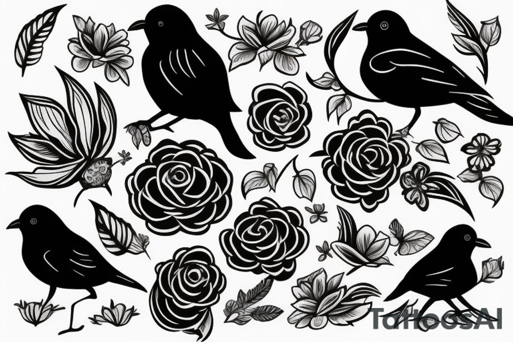 Black bird with flower tattoo idea