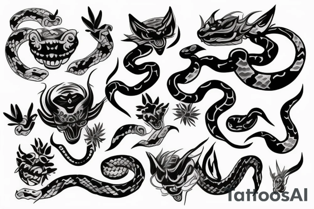 Oni mask, snake, leaves tattoo idea