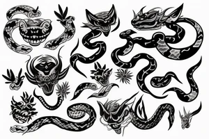 Oni mask, snake, leaves tattoo idea
