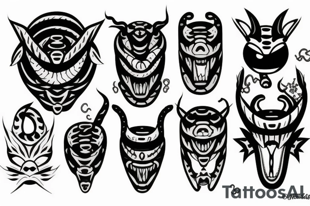Oni mask, snake, leaves tattoo idea