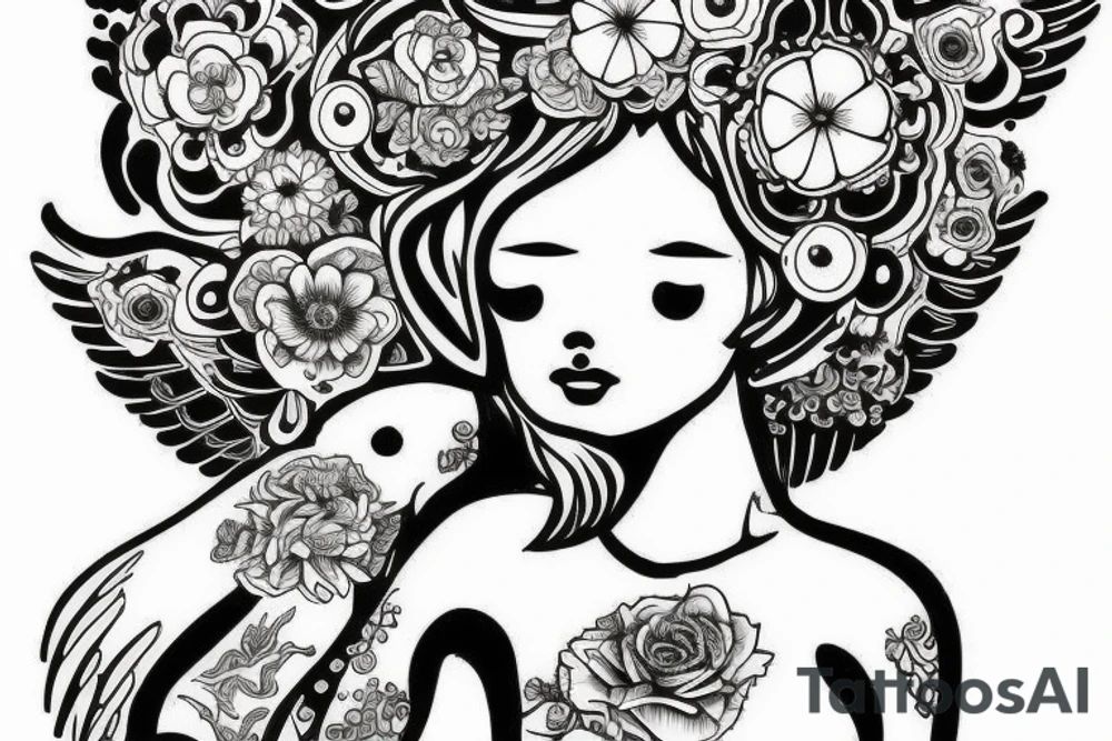 Cow angel with gemini symbols mushrooms flowers tattoo idea