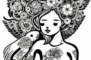 Cow angel with gemini symbols mushrooms flowers tattoo idea
