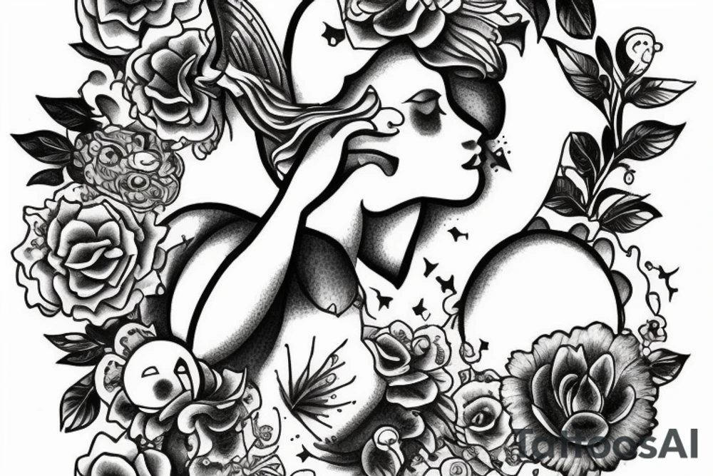 Cow angel with gemini symbols mushrooms flowers tattoo idea