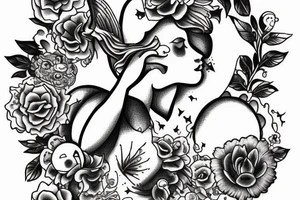 Cow angel with gemini symbols mushrooms flowers tattoo idea