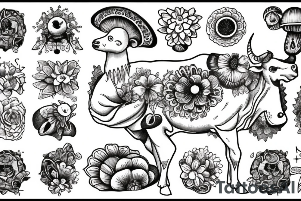 Cow angel with gemini symbols mushrooms flowers tattoo idea