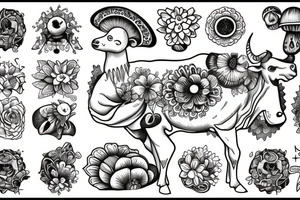 Cow angel with gemini symbols mushrooms flowers tattoo idea