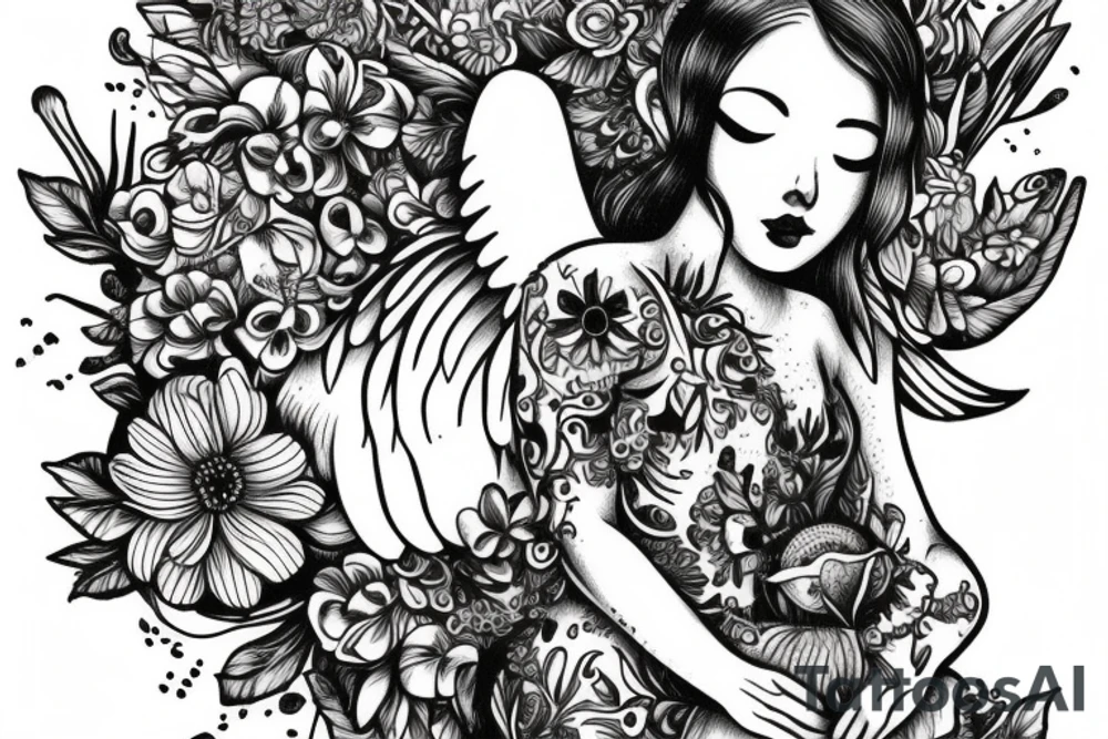 Cow angel with gemini symbols mushrooms flowers tattoo idea