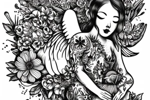 Cow angel with gemini symbols mushrooms flowers tattoo idea