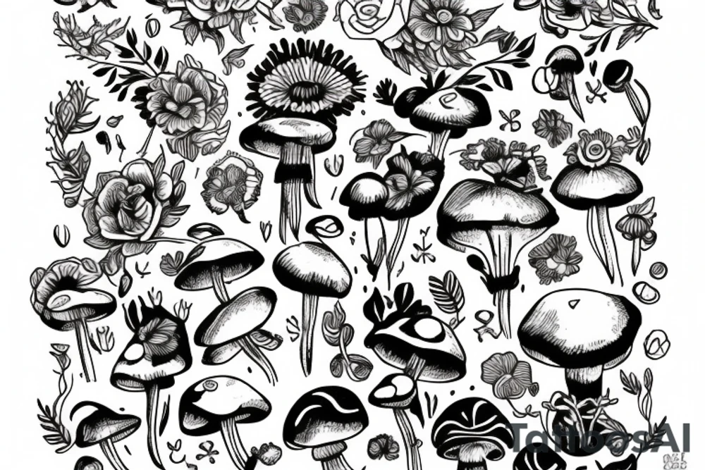 Cow gemini symbols mushrooms flowers tattoo idea