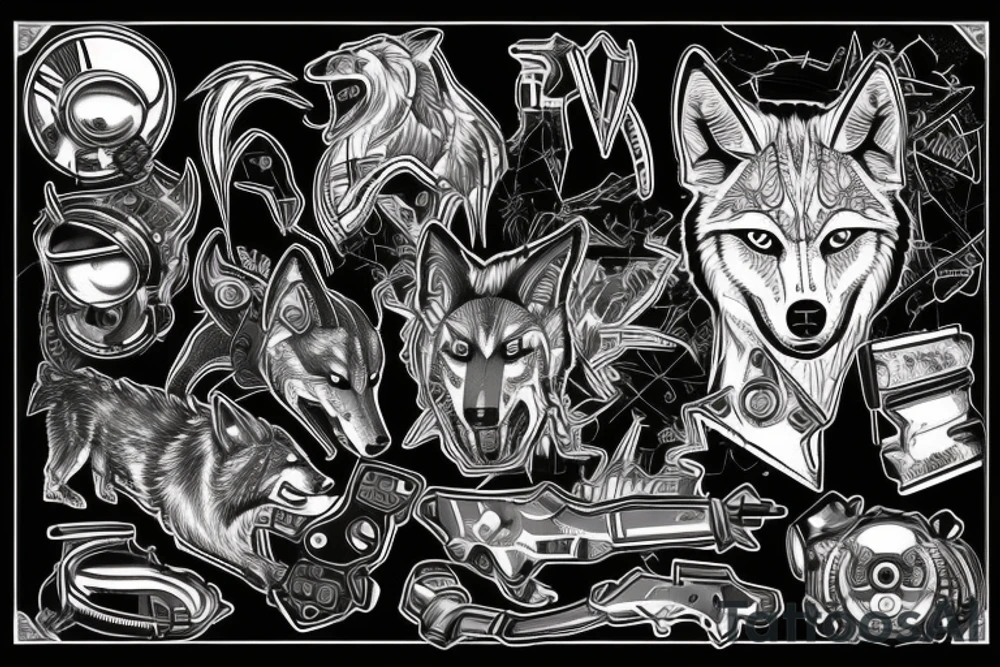 Wolf with cyberpunk 2077 electronic circuit tattoo idea