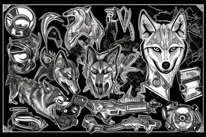 Wolf with cyberpunk 2077 electronic circuit tattoo idea