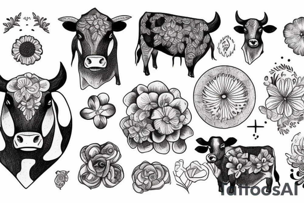 Cow surrounded by gemini symbol, mushrooms, flowers tattoo idea Cow surrounded by gemini symbol, mushrooms, flowers tattoo idea