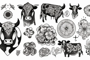 Cow surrounded by gemini symbol, mushrooms, flowers tattoo idea