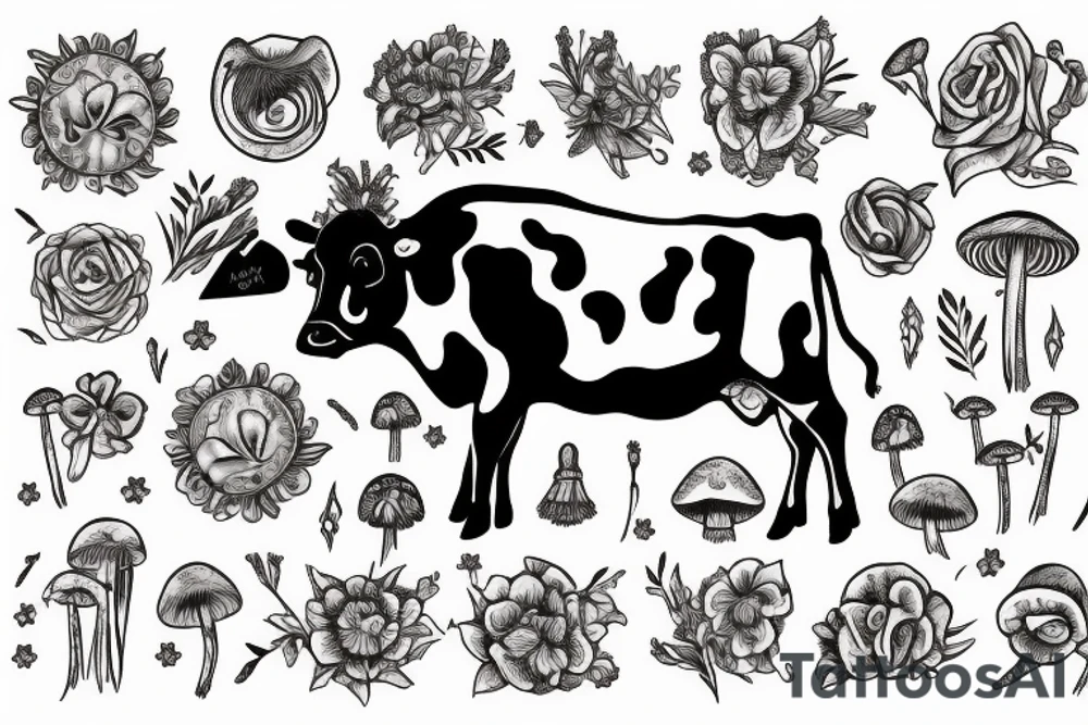 Cow surrounded by gemini symbol, mushrooms, flowers tattoo idea
