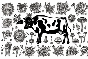 Cow surrounded by gemini symbol, mushrooms, flowers tattoo idea