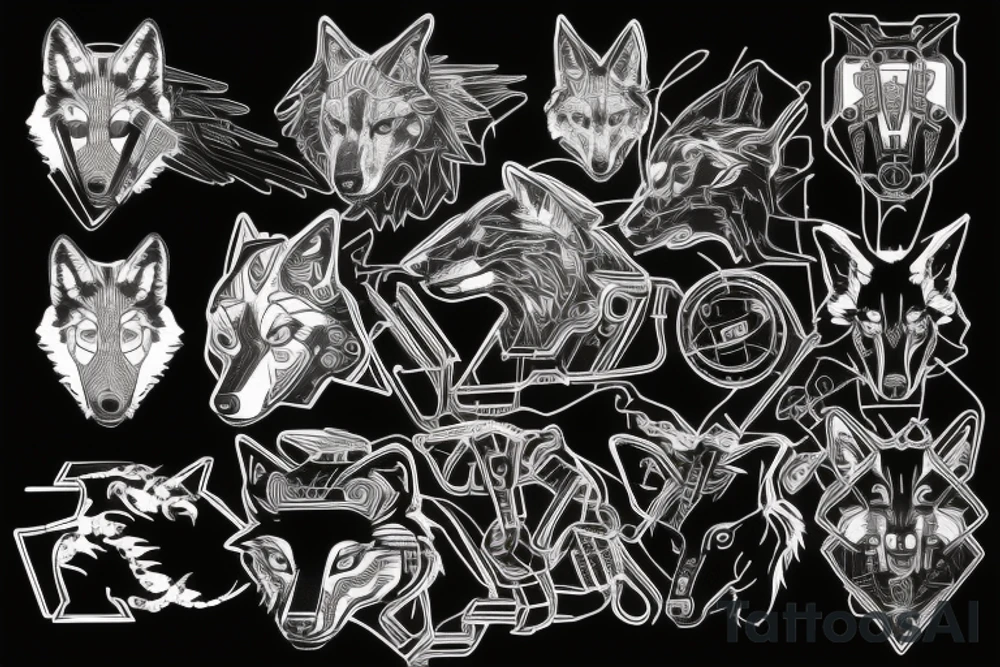 Wolf cyberpunk 2077 style with electronic circuit in background tattoo idea Wolf cyberpunk 2077 style with electronic circuit in background tattoo idea