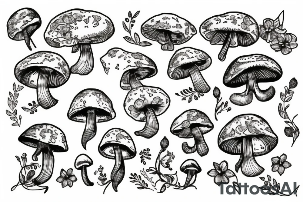 gemini symbol, mushrooms, flowers tattoo idea