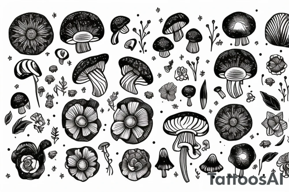 gemini symbol, mushrooms, flowers tattoo idea
