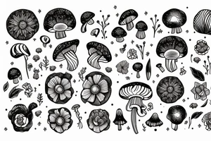 gemini symbol, mushrooms, flowers tattoo idea