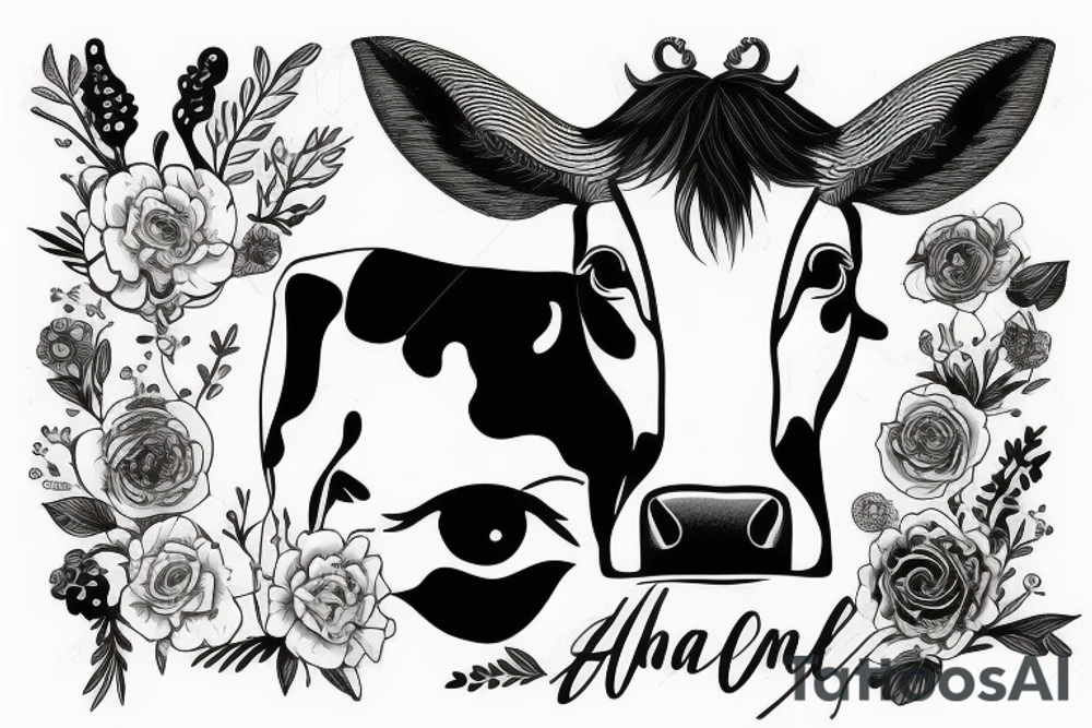 Beautiful female cow head with big glossy eye tattoo idea